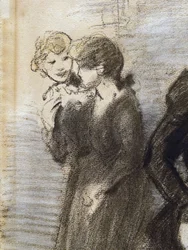 Midinettien uloskäynti (yksityiskohta) (ennen vuotta 1907). Theophile Alexandre Steinlen (1859-1923). Hiiltä ja pastellia paperille. Musee des Beaux-Arts de la Ville de Paris, PeuPalais.