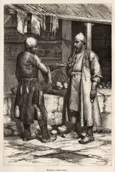 Persialainen kauppias ja muulivalmistaja Armenian kylässä, kaiverrus tekijän piirustuksen mukaan, joka havainnollistaa matkaa Lazistanissa ja Armeniassa, Theophile Deyrolles, vuonna 1869, julkaistu "" Le tour du monde"" 1875, toimittanut Edouard Charton, H