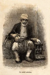 Matkustava kahvinmyyjä (cafedji) Trapezuntin basaarissa (nykyinen Trabzon Mustanmeren rannikolla), kaiverrus kertojan piirustuksen mukaan, kuvituksena Théophile Deyrollen vuonna 1869 tekemälle matkalle Lazistaniin ja Armeniaan, julkaistu teoksessa "Le to"
