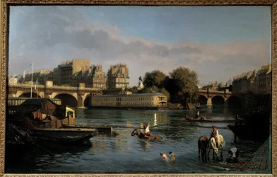 Uusi silta ja Ile de la Citen kärki. Näkymä Pariisiin. Theophile Meunier (1800-1884) maalaus