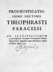 Teoksen The Prognostication of the Eximii Doctor of Paracelsus, 1536 otsikkosivu.