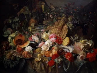 Ruusujen ja hedelmien asetelma. Theude Gronlandin (1817-1876) maalaus.