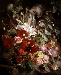 Liljojen, unikkojen ja ruusujen asetelma. Theude Gronlandin (1817-1876) maalaus Yksityiskokoelma.