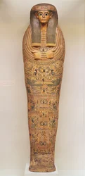 Nimettömän henkilön egyptiläinen arkku, koristeltu rituaalikohtauksilla, n. 1050 eKr. (puu)