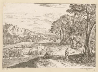 Arkadian maisema kalastajan kanssa puron varrella Suite de Paysages (sarjan nimi)