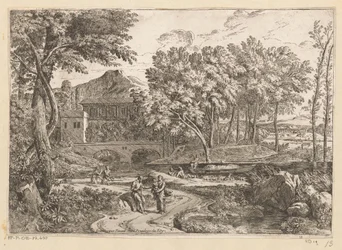 Arkadian maisema, jossa vuohilauma veden äärellä ja äiti lapsen kanssa polulla muiden hahmojen kanssa Suite de Paysages (sarjan nimi)