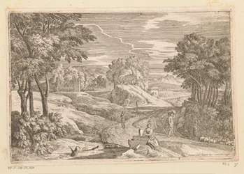 Arkadian maisema, jossa nainen istuu maljakon vieressä ja muita hahmoja Suite de Paysages (sarjan nimi)