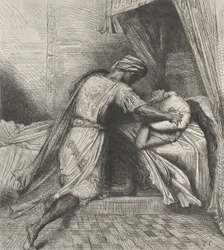 Hän tukahduttaa hänet: levy 13 Othello Act 5:stä, kohtaus 2, kaiverrettu 1844, uusintapainos 1900.