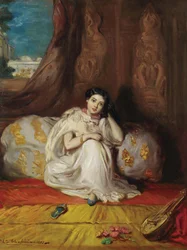Nuori maurityttö, istuu rikkaassa Almée-sisustuksessa, 1853.