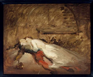 Les lovers Romeo et Juliet Kuvitus William Shakespearen (1564-1616) samannimisestä teoksesta, joka edustaa rakastavaisten kuolemaa V näytöksen 3. kohtauksessa. Esquisse de Theodore Chasseriau (1819-1856) Sun. 0,50 x 0,61 m Pariisi. Louvren taidemuseo