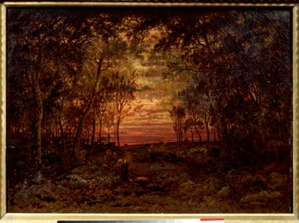 Auringonlasku metsässä Theodore Rousseaun (1812-1867) maalaus 1800-luvun Barbizon School. Himmeä. 0,46x0,62m. Öljy kankaalle. .