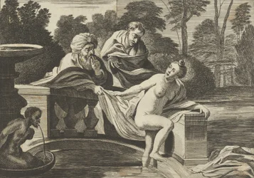 Susanna osittain alastomana astumassa ulos suihkulähteestä, vasemmalla kaksi vanhinta, joista toinen ... , noin 1656-60