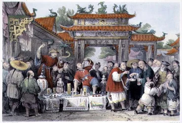 Tien-Singin vaeltava lääkäri, George Newenham Wrightin (n. 1790-1877) teoksesta "China in a Series of Views" 1843 (värillinen kaiverrus)