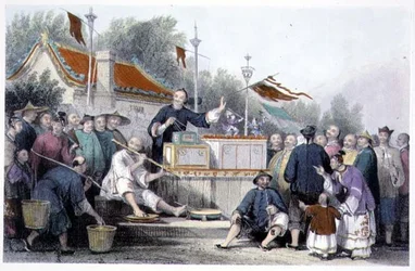 Harvinainen esitys Lin-Sin-Choossa, George Newenham Wrightin (n. 1790-1877) elokuvasta "China in a Series of Views" 1843 (värillinen kaiverrus)