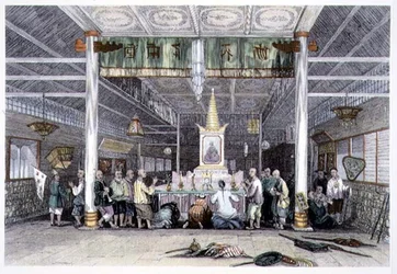 Buddhan temppeli, Kanton, George Newenham Wrightin (n. 1790-1877) teoksesta "China in a Series of Views" 1843 (värillinen kaiverrus)