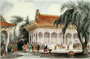 Yuen-ming-Yuanin palatsin yleisösali, Peking, n. 1850 (värilitho)