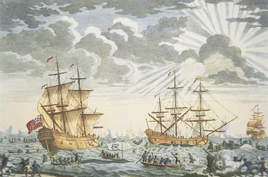 Grönlanti tai valaiden kalastus, kaiverrus E. Kirkall, n. 1720 (väri litho)
