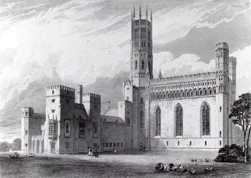 Fonthill Abbey kaakosta, John Brittonin teoksesta "Graphic and Literary Illustrations of Fonthill Abbey", piirtänyt S. Rayner ja kaivertanut W. Tombleson