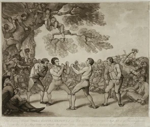 Nyrkkeilyottelu Daniel Mendozan ja Richard Humphreysin välillä Stiltonissa, Huntingdonshiressa, 6. toukokuuta 1789, kaiverrus Joseph Grozer (n. 1755-1799) (kaiverrus)