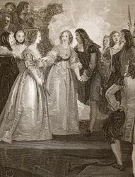 Kaarle II vastaanottamassa Orleansin herttuattaren Doverissa, kaivertanut W. Bromley, kuvitus David Humen teoksesta "The History of England", pub. kirjoittanut R. Bowyer, Lontoo