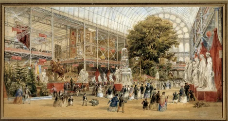 Kuningatar Victoria (1819-1901) vierailee vuoden 1851 näyttelyssä Crystal Palacessa Lontoossa. Maailmannäyttely 1851. Thomas Abiel Priorin (1809-1886) maalaus Ec. Ang.