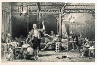 Kiinalaiset oopiumin tupakoitsijat, George Newenham Wrightin (n. 1790-1877) teoksesta "China in a Series of Views" 1843