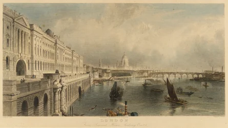 "Näkymä Lontooseen, Englantiin, Somerset House Marine Buildingista, jossa on Saint Paulin katedraali ja London Bridge". Litografia