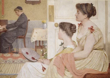Salikohtaus nuoren papin kanssa pianon ääressä, 1800-luvun loppu