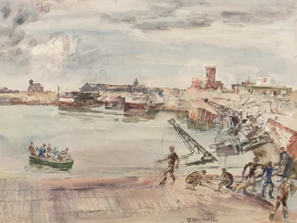 Calais Bassin Ouestin sataman ex entrepots (sic) telakka, 1944 (kynä, kynä, muste, sivellin ja wc paperilla)