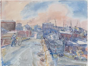 Reykjavik Main Quaysta, Frosty Morning, Islanti, n. 1930 (akvarelli ja kynä paperille)