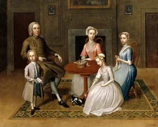 Ryhmämuotokuva, mahdollisesti Brewsterin perheestä kodin sisustuksessa, 1736