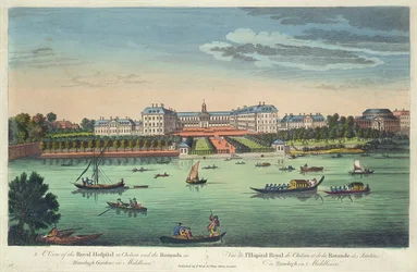 Näkymä Chelsean kuninkaallisesta sairaalasta ja Rotundasta Ranelagh Gardensissa, pubissa. Kirjailija: Robert Sayer, 1751