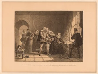 Mary Skotlannin kuningatar pakotettiin allekirjoittamaan luopumuksensa Lochlevenin linnassa, 1567, 1878