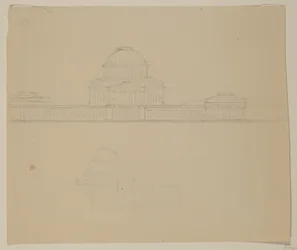 Ohion osavaltiotalon julkisivu, n.1838 (grafiittikynä beigelle paperiarkille)