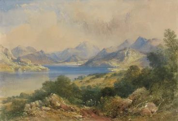 Vuoristoinen kohtaus ja järvi