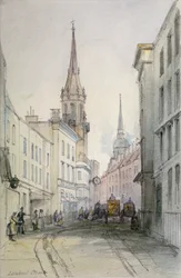 Näkymä Lombard Streetiltä itään katsoen, hahmoineen ja vaunuineen, Lontoon kaupunki, 1851