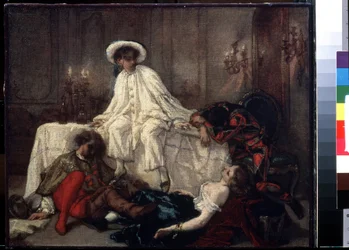 ""Naamioballin jälkeen"" (Naamiaisen jälkeen) Juhlien päätteeksi neljä naamioitunutta hahmoa makasi tai ojentui eloisan illan päätteeksi. Thomas Couturen (1815-1879) maalaus noin 1850 Pushkin-museo, Moskova