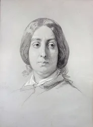 Kirjeiden naisen muotokuva George Sand (1804-1876) Aurore Dupin, Baronne Dudevant Thomas Couture (1815-1879) piirustus 1844 Pariisi, Romanttisen elämän museo