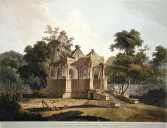 Ancient Hindoo Temple in the Fort of Rotas, Bahar, levy 12 teoksesta Oriental Scenery: Twenty Four Views in Hindoostan, julkaistu 1796 (värilitho)