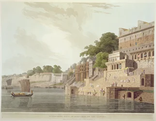 Dusasumade Gaut, Benaresissa Ganges-joen varrella, lähteestä "Oriental Scenery: Twenty Four Views in Hindoostan", 1796.