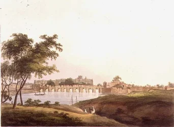 Silta Juonporessa, Bengalissa, kaiverrus H. Merke (fl.1800-20) pub. kirjoittanut Edward Orme (1774-n. 1820) 1804 (litho)