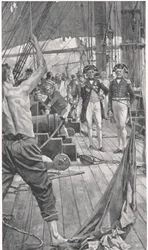 Hoisting the Famous Signal, kuvitus julkaisusta "British Battles on Land and Sea", julkaisija Cassell, Lontoo, n. 1910