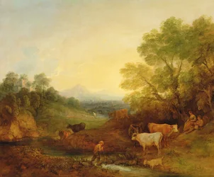 Maisema karjaa ja hahmoja puron ja kaukaisen sillan varrella, n. 1772-4 (öljy kankaalle)