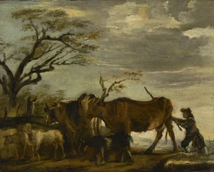 Talonpoika, joka ajaa karjaa, lampaita ja vuohia maisemassa, n. 1785
