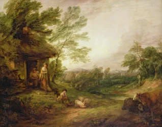 Mökin ovi, tyttö ja sikoja, n. 1786