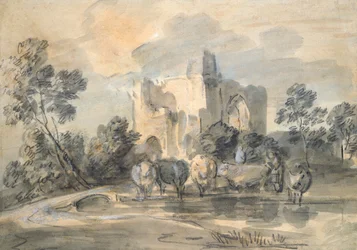 Maisema, jossa on raunioitunut linna ja karja altaan äärellä, 1770-luku