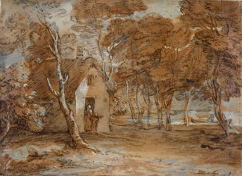 Metsäinen maisema, mökki, hahmot ja vene järvellä, 1783-1785.