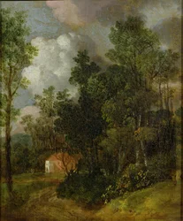Metsäinen maisema maalaistalolla ja kahdella hahmolla, n. 1752 (öljy kankaalle asetettu kankaalle)
