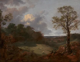 Metsäinen maisema, jossa on mökki ja paimen, 1748-1750.