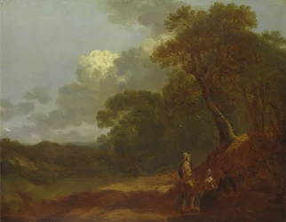 Metsäinen maisema, jossa mies puhuu kahdelle istuvalle naiselle, n. 1745.